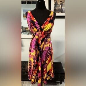 Bisou Bisou Orange and Purple Ruched Midi Sundress